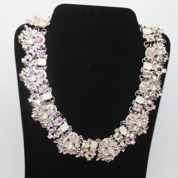 Iridescent and Classic White Silver Tone Statement Necklace - Picture 9 of 16